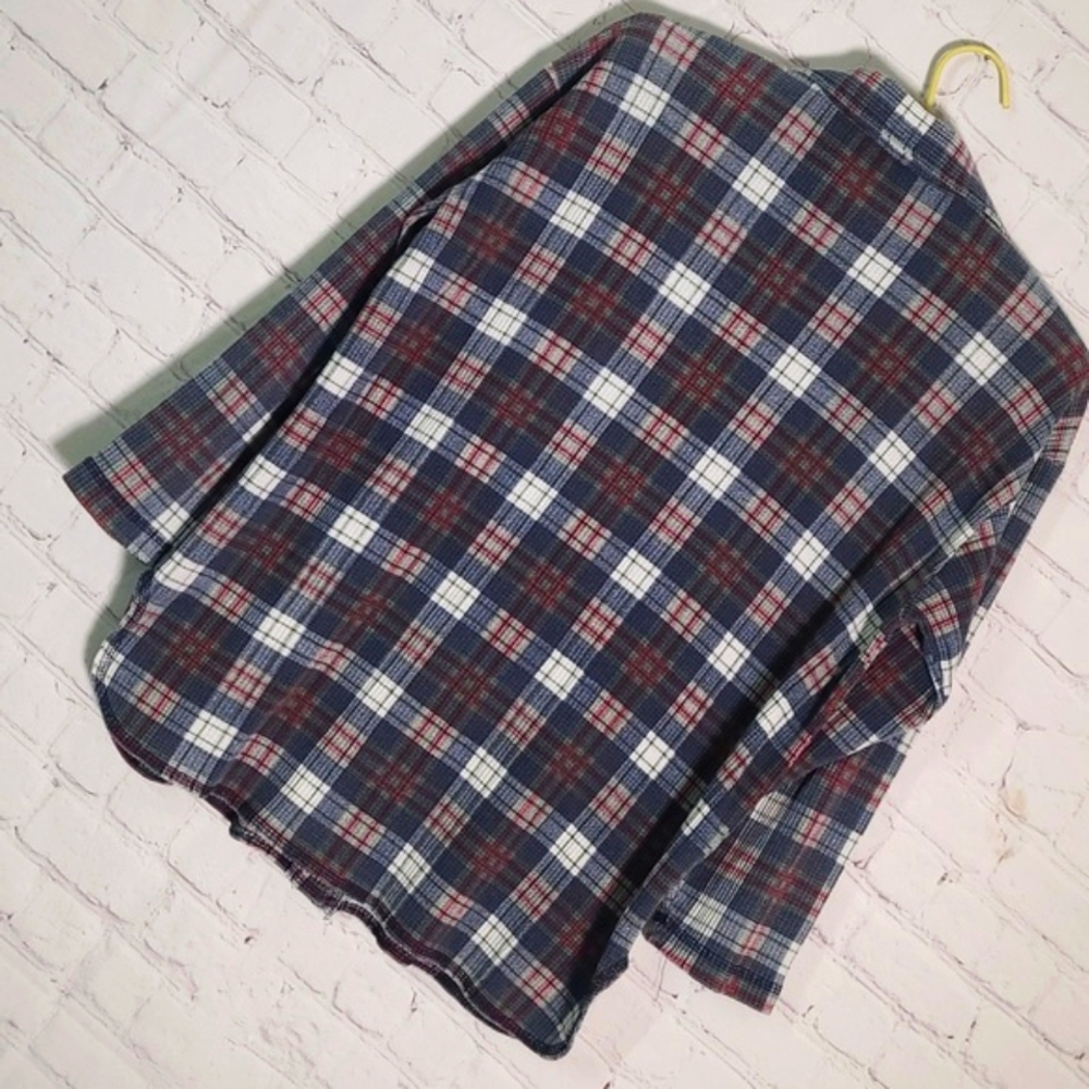 Vintage 80s Waffle Knit Blue Red Plaid Flannel Button Front Shirt Womens Small - Picture 12 of 16
